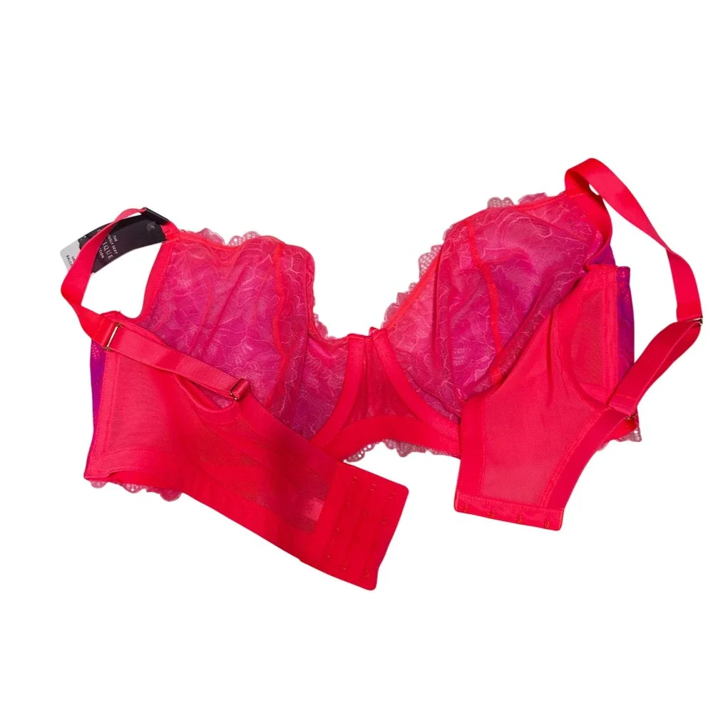 Cacique Unlined Balconette Bra 42DDD Neon Pink Lace Sheer Underwire Lingerie New